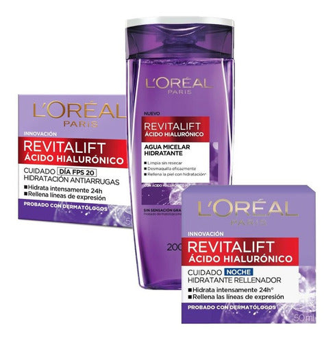 L'Oreal Paris Revitalift Anti-Wrinkle Kit: Day Cream (1.7oz), Night Cream (1.7oz), Micellar Water (5.1oz), Moisturizing, Dermatologist-Tested.