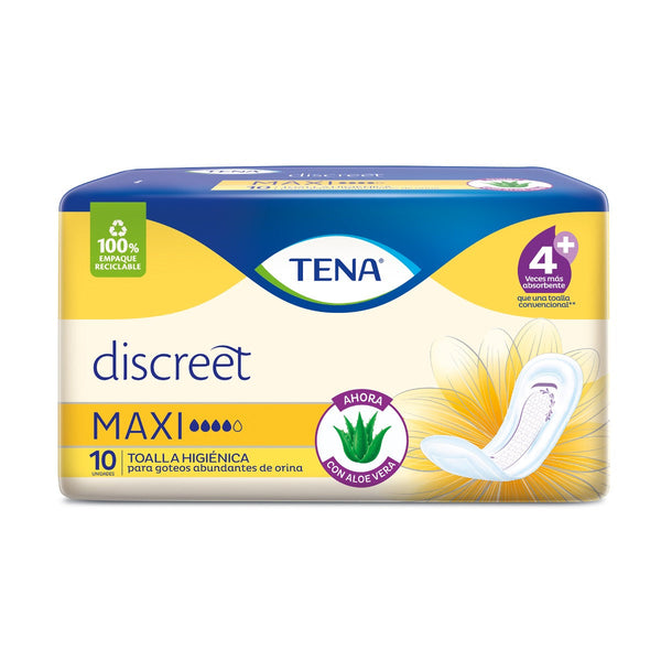 10 Pack Tena Discreet Maxi Sanitary Pads with Aloe Vera for Odour Control, Dry Feel and Secure Fit