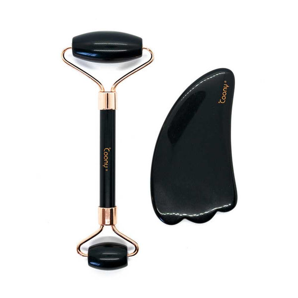 100% Natural Obsidian Stone Facial Roller & Gua Sha Set - Reduce Puffiness, Wrinkles and Dark Circles