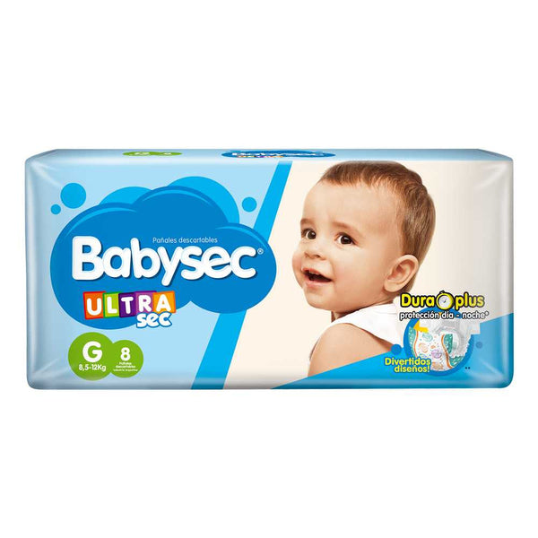 Babysec Ultrasec Large Diapers (8 Units) with Wetness Indicator, Hypoallergenic, Breathable, Latex-free and Dermatologically Tested