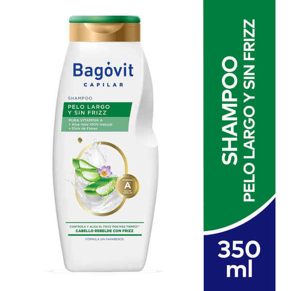 Bagovit Long and Frizz-Free Hair Shampoo (350ml/11.83 Fl Oz) - Sulfate & Paraben Free, with Pura Vitamin A, Aloe Vera & Elixir de Flores, pH Balanced, Suitable for All Hair Types
