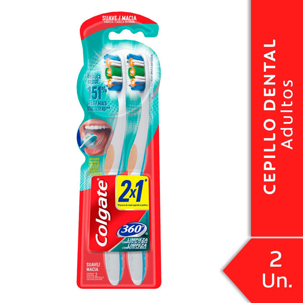 Colgate 360 Soft Toothbrush 2 Units - Unique Multi-Functional Bristles, Polishing Cups & More