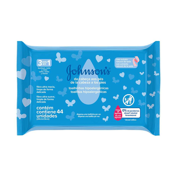 Johnson Baby Wet Wipes Head to Feet (44 Units): 0% Alcohol, Parabens & Hypoallergenic with Natural Silk Extract